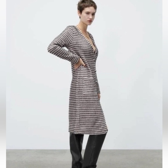 Zara Pink & Black Tweed Long Button Cardigan Dress Size Small - Picture 1 of 9